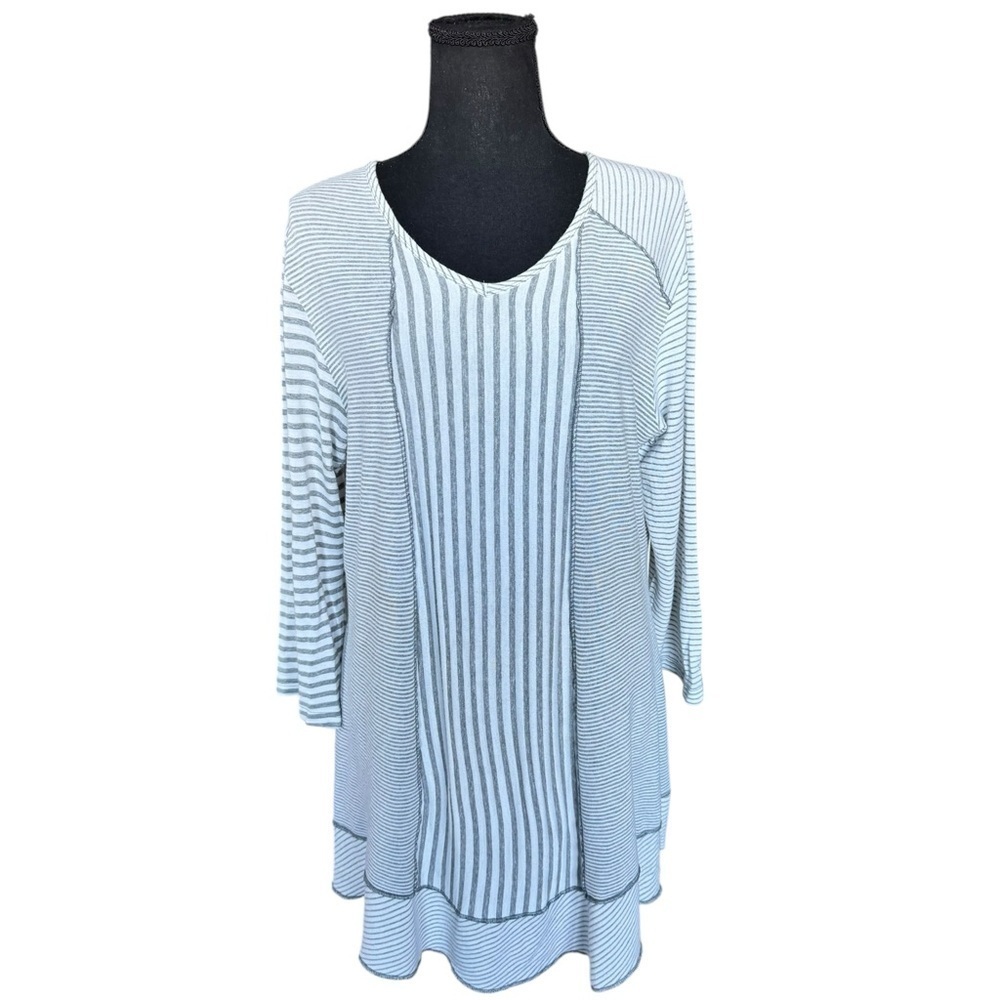 Parsley & Sage Striped Tunic Top L Lagenlook Coastal Boho Mixed Stripe F76